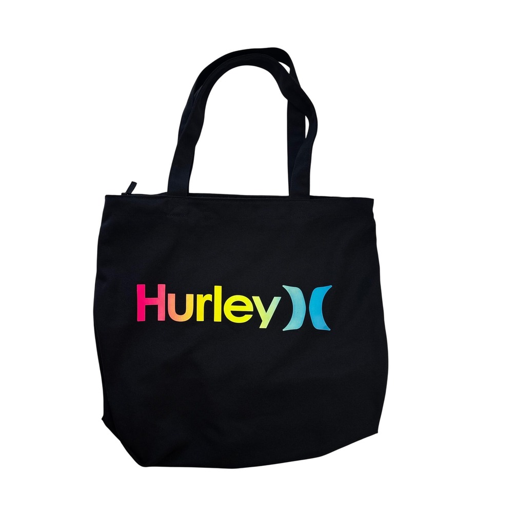Hurley Black Canvas Tote Bag Rainbow Gradient Logo Zip Top Beach Bag